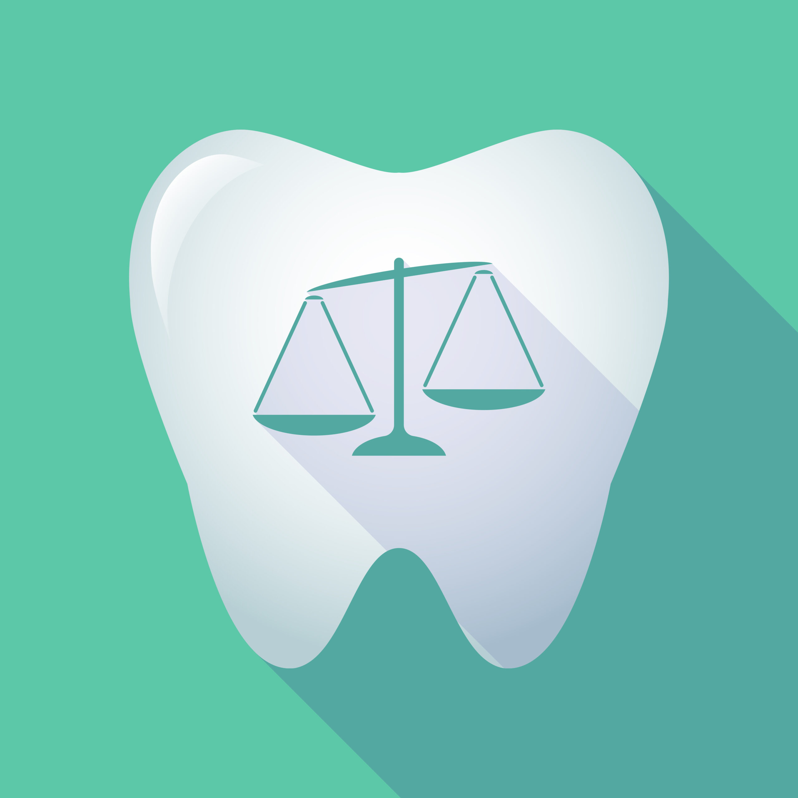 Illustration of a long shadow tooth icon with an unbalanced weight scale